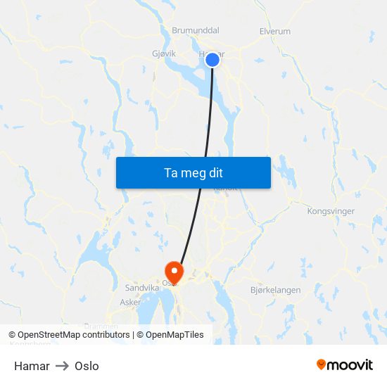 Hamar to Oslo map