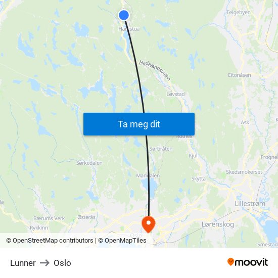 Lunner to Oslo map