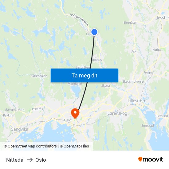 Nittedal to Oslo map