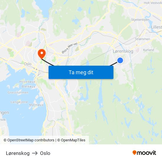 Lørenskog to Oslo map