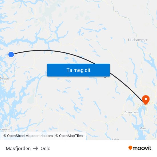 Masfjorden to Oslo map