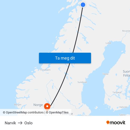 Narvik to Oslo map