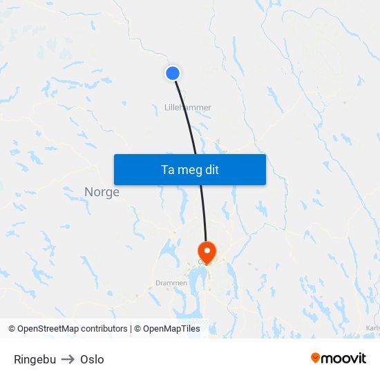 Ringebu to Oslo map
