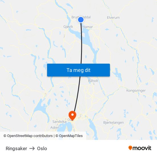 Ringsaker to Oslo map
