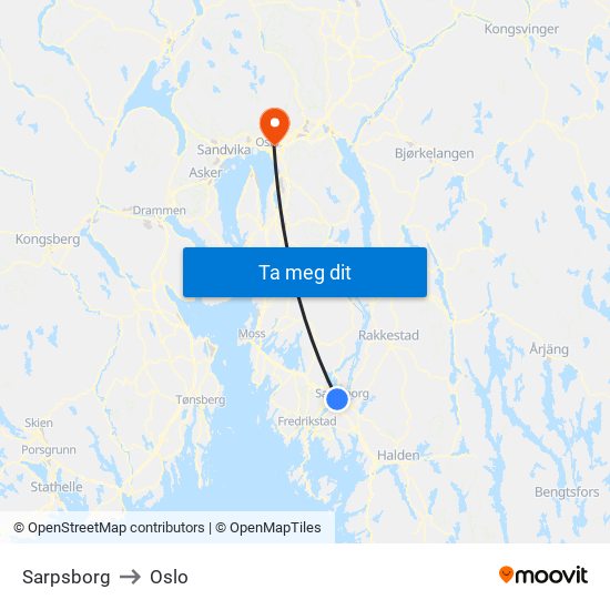 Sarpsborg to Oslo map