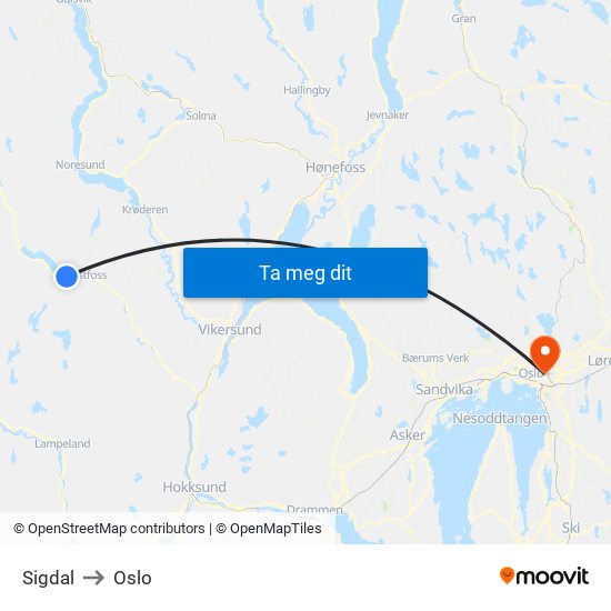 Sigdal to Oslo map