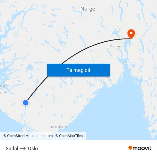 Sirdal to Oslo map