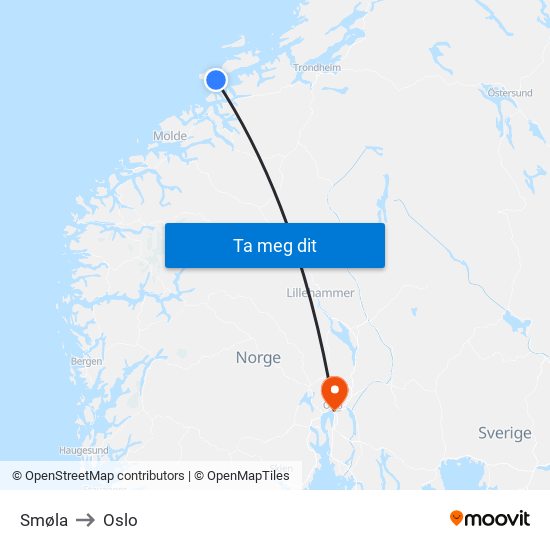 Smøla to Oslo map