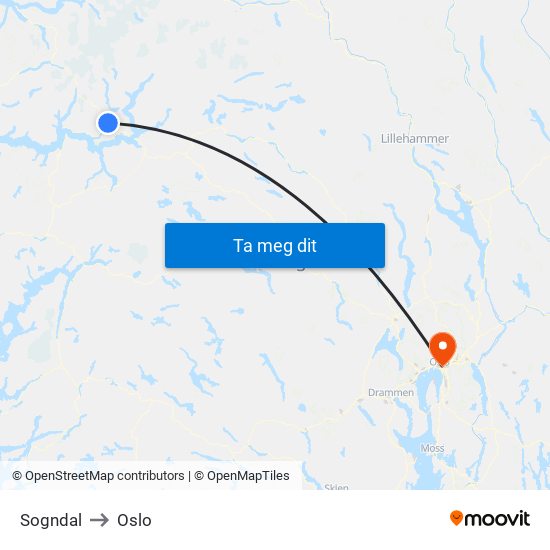 Sogndal to Oslo map