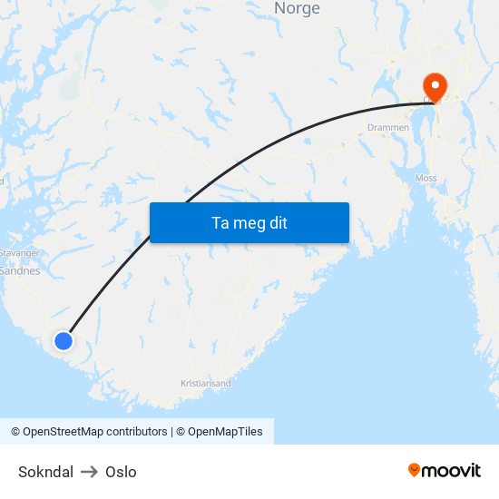 Sokndal to Oslo map