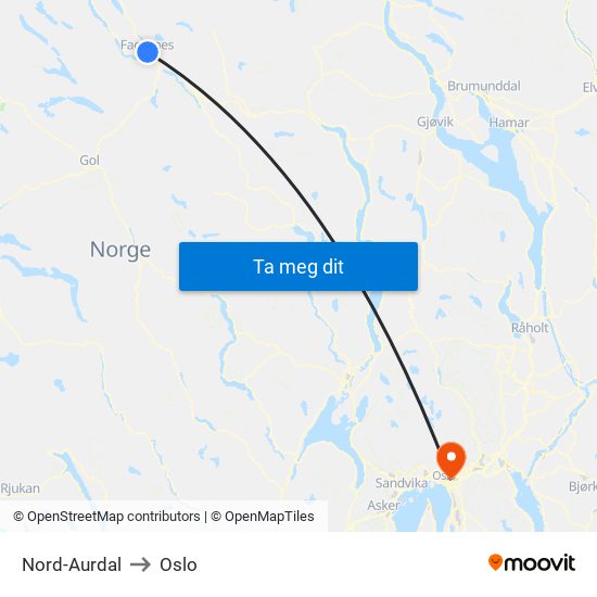 Nord-Aurdal to Oslo map