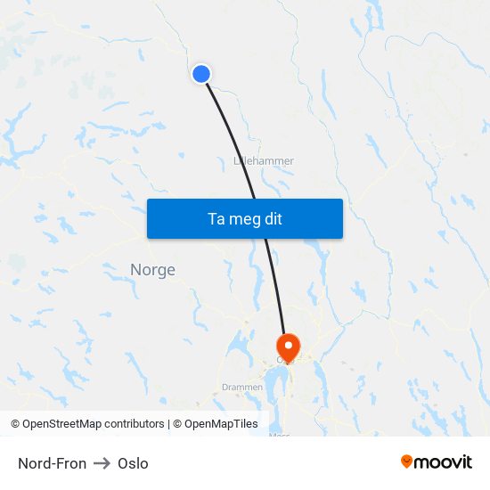 Nord-Fron to Oslo map