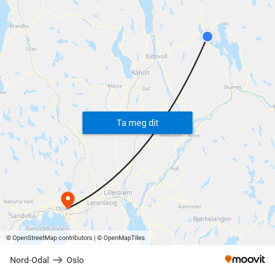 Nord-Odal to Oslo map