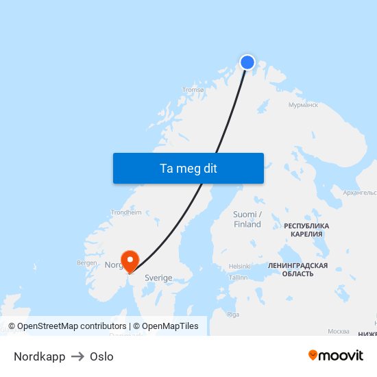 Nordkapp to Oslo map