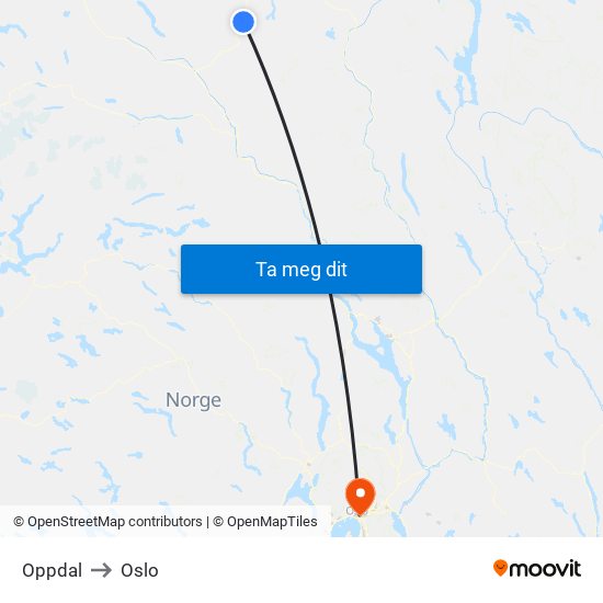 Oppdal to Oslo map