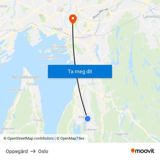 Oppegård to Oslo map
