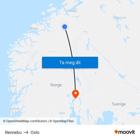 Rennebu to Oslo map