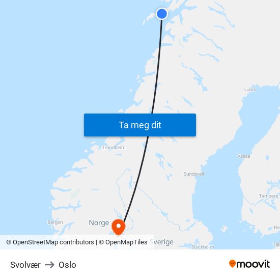 Svolvær to Oslo map