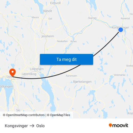 Kongsvinger to Oslo map