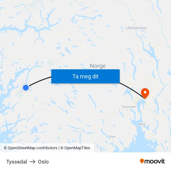 Tyssedal to Oslo map