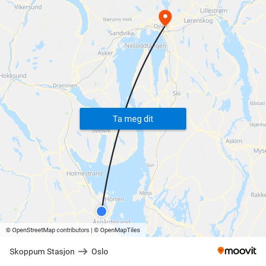 Skoppum Stasjon to Oslo map