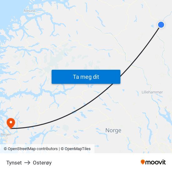 Tynset to Osterøy map