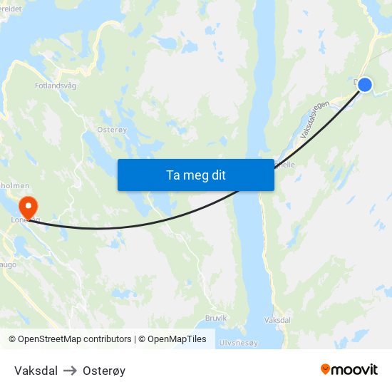 Vaksdal to Osterøy map