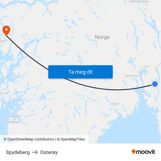 Spydeberg to Osterøy map