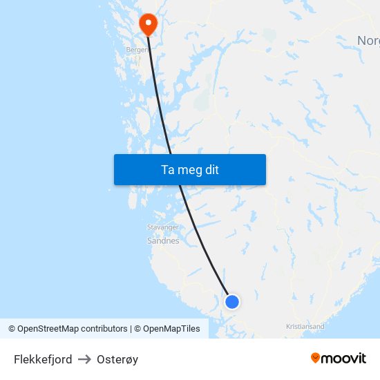 Flekkefjord to Osterøy map