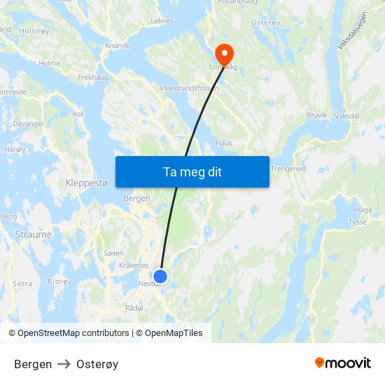 Bergen to Osterøy map
