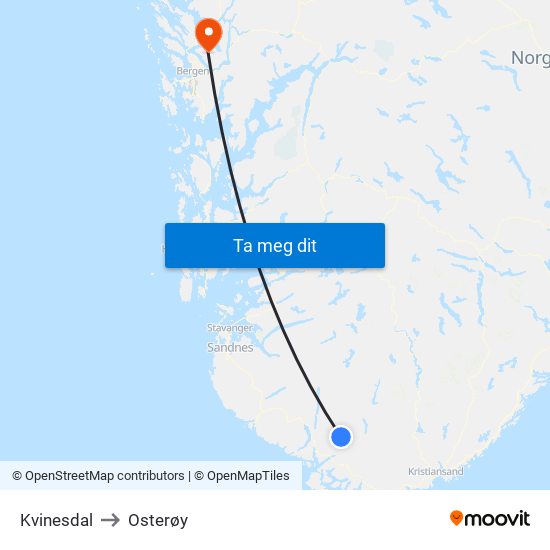 Kvinesdal to Osterøy map