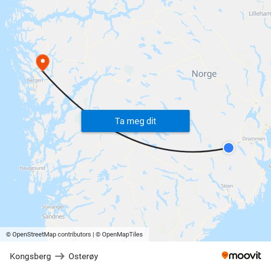 Kongsberg to Osterøy map