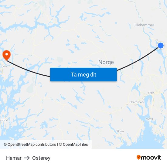 Hamar to Osterøy map