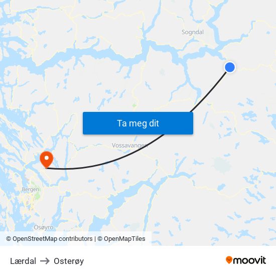 Lærdal to Osterøy map