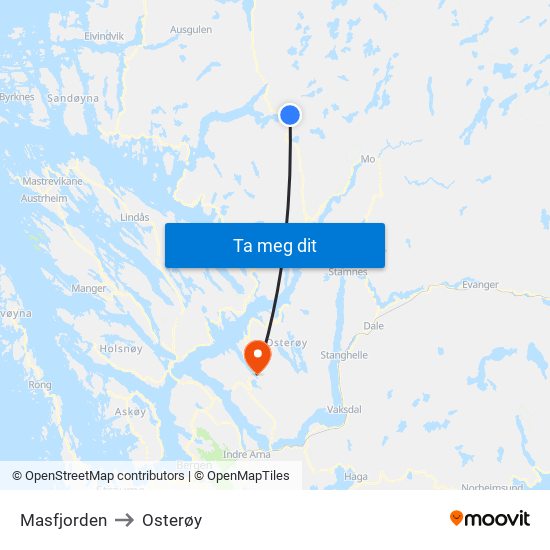 Masfjorden to Osterøy map