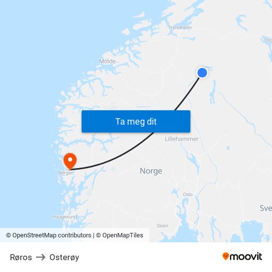 Røros to Osterøy map