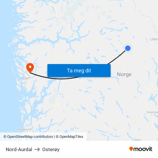 Nord-Aurdal to Osterøy map