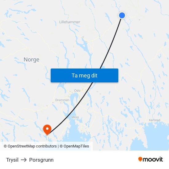 Trysil to Porsgrunn map