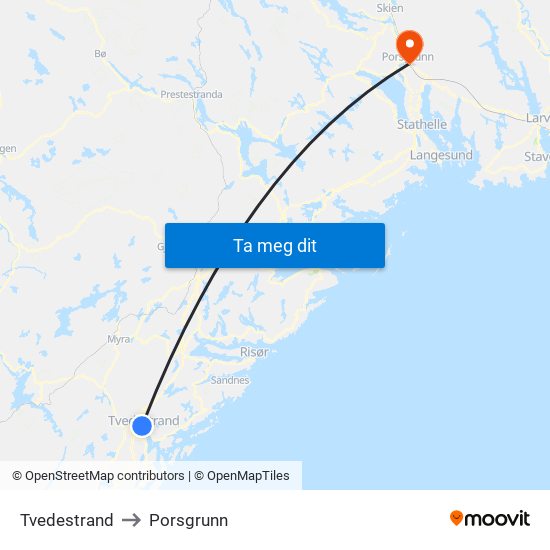 Tvedestrand to Porsgrunn map