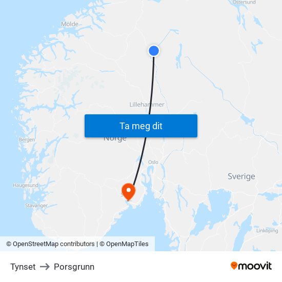 Tynset to Porsgrunn map