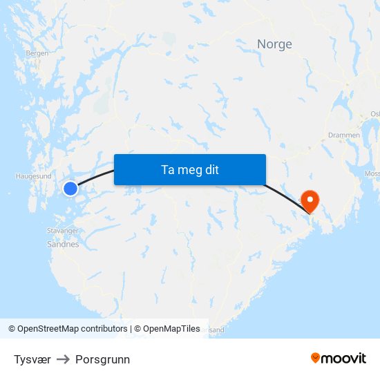 Tysvær to Porsgrunn map