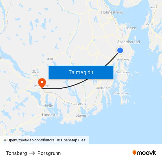 Tønsberg to Porsgrunn map