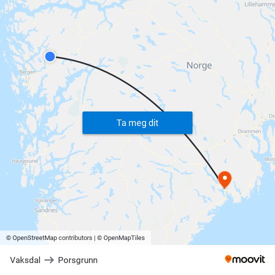 Vaksdal to Porsgrunn map