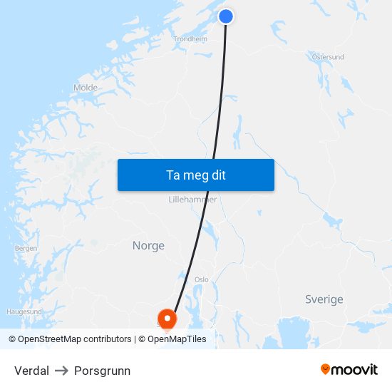 Verdal to Porsgrunn map