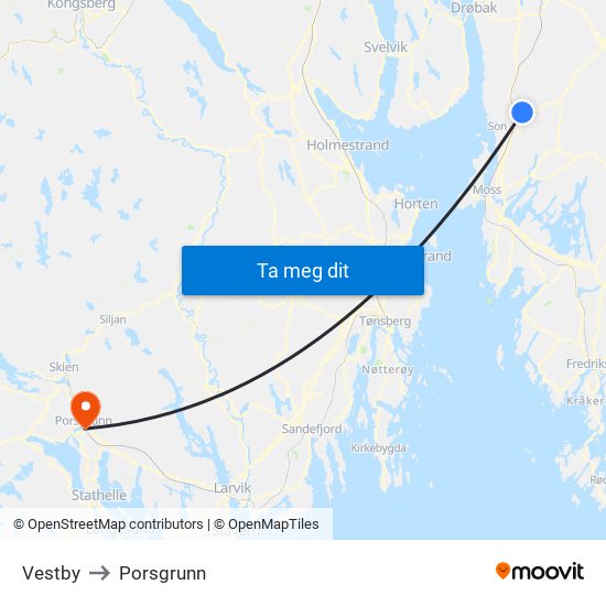 Vestby to Porsgrunn map