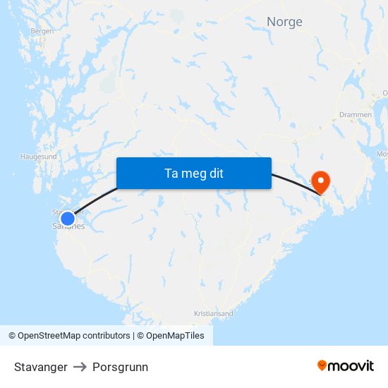 Stavanger to Porsgrunn map