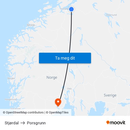 Stjørdal to Porsgrunn map