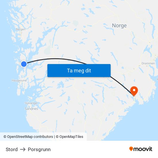Stord to Porsgrunn map