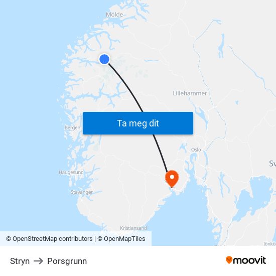 Stryn to Porsgrunn map