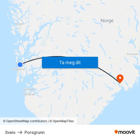 Sveio to Porsgrunn map